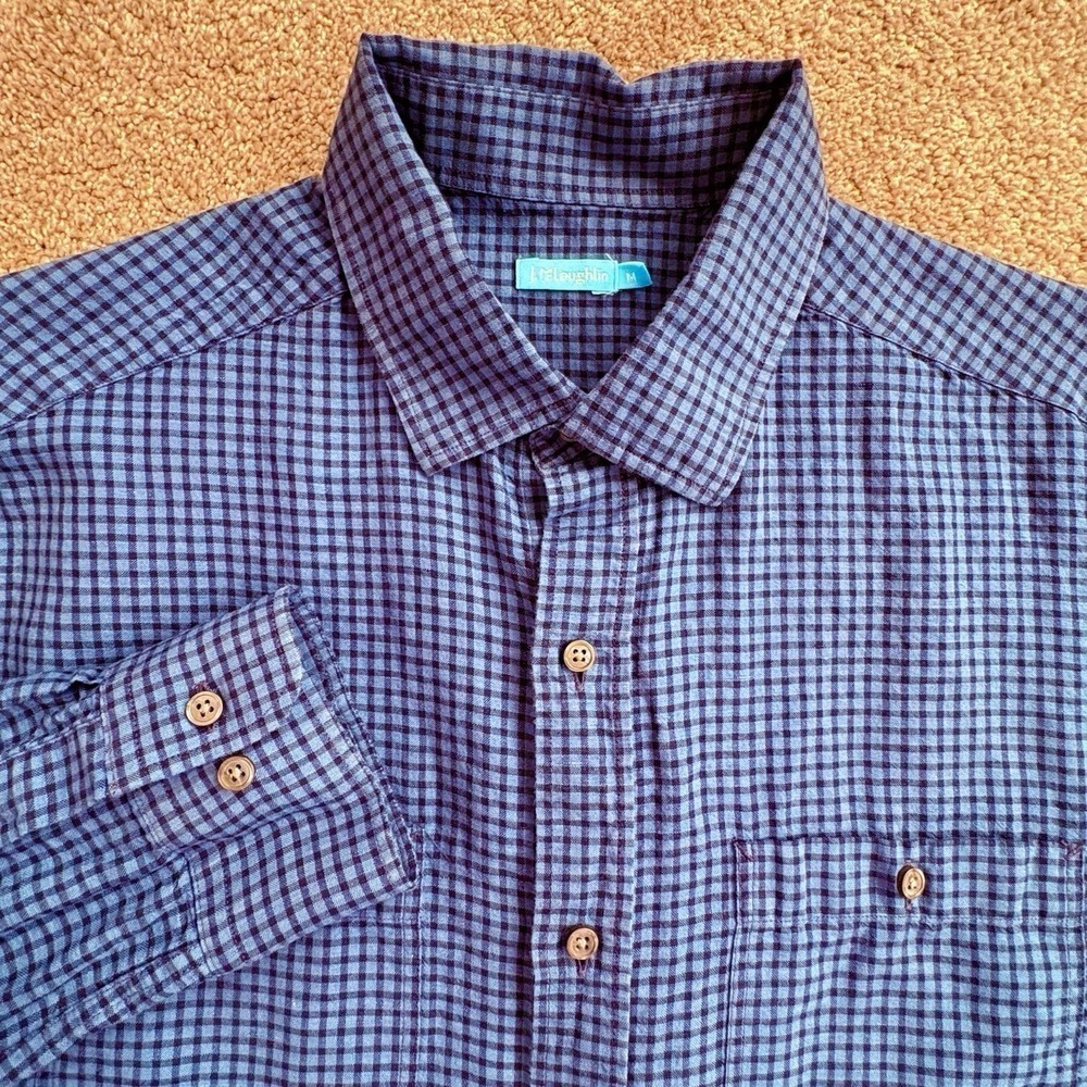 J McLaughlin Mens MED Blue Check Linen Cotton Button Down Shirt 2 Pocket Coastal